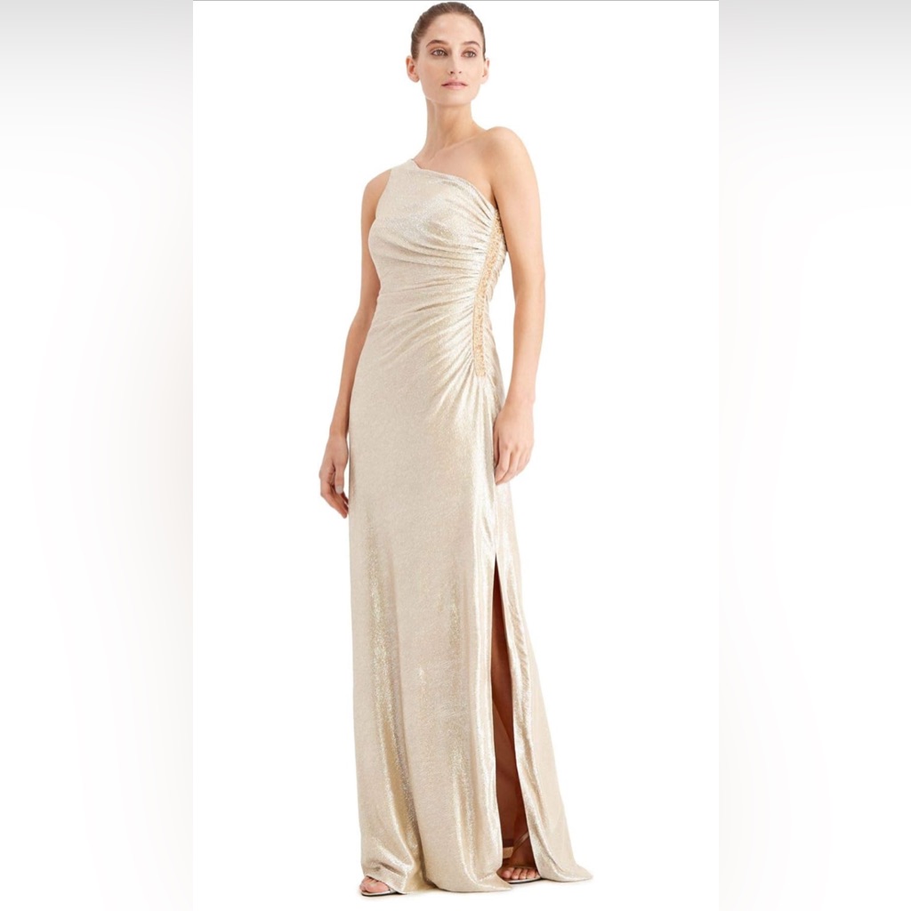 Calvin Klein One-Shoulder Gown With Side Ruching And Beaded Details. Size 8
